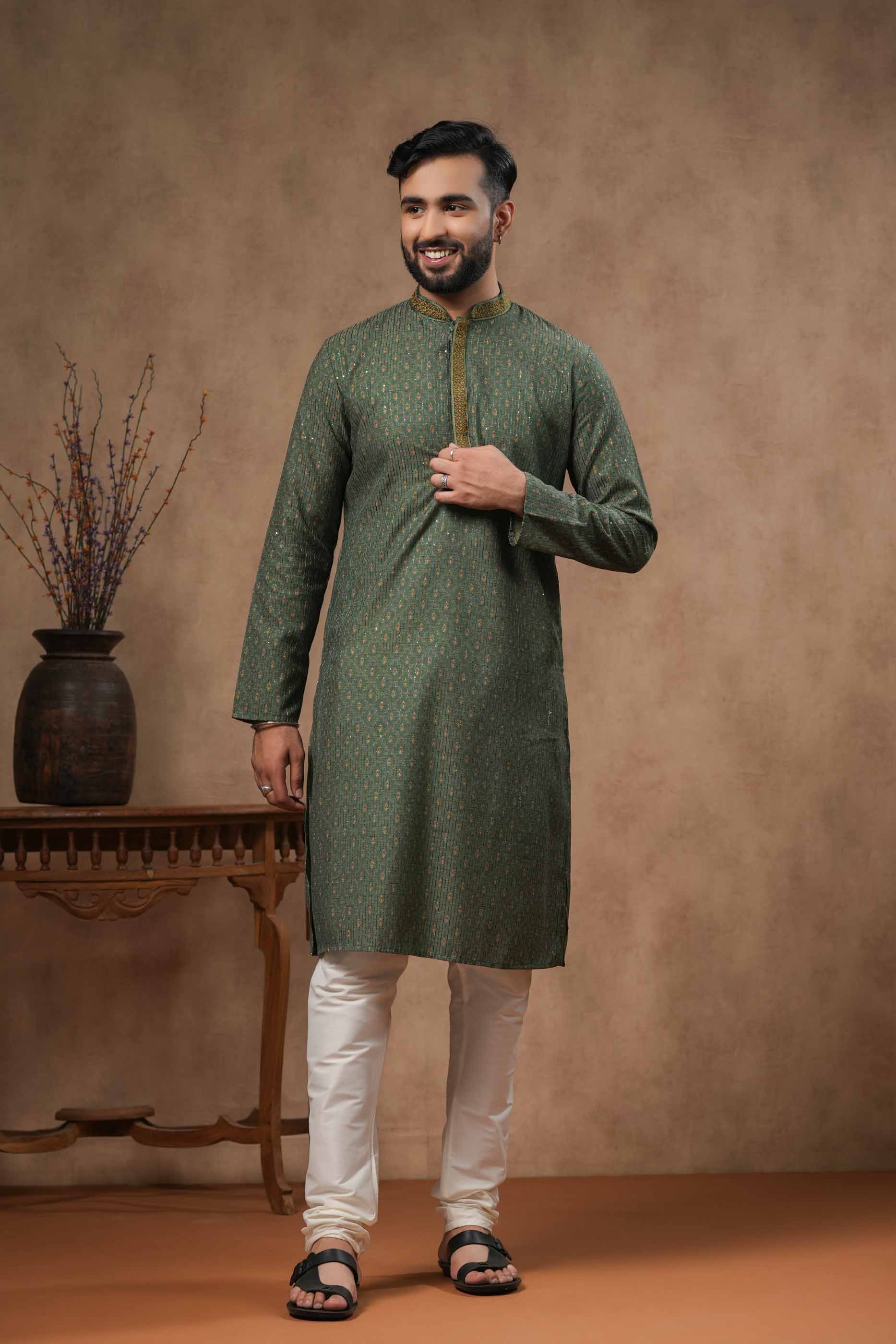 Green Traditional Printed Kurta with Sequence